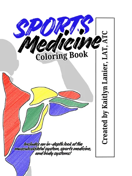Front cover of the Sports Medicine Coloring Book, showing a flexing figure with the back musculature colored in red, yellow, green, and blue
